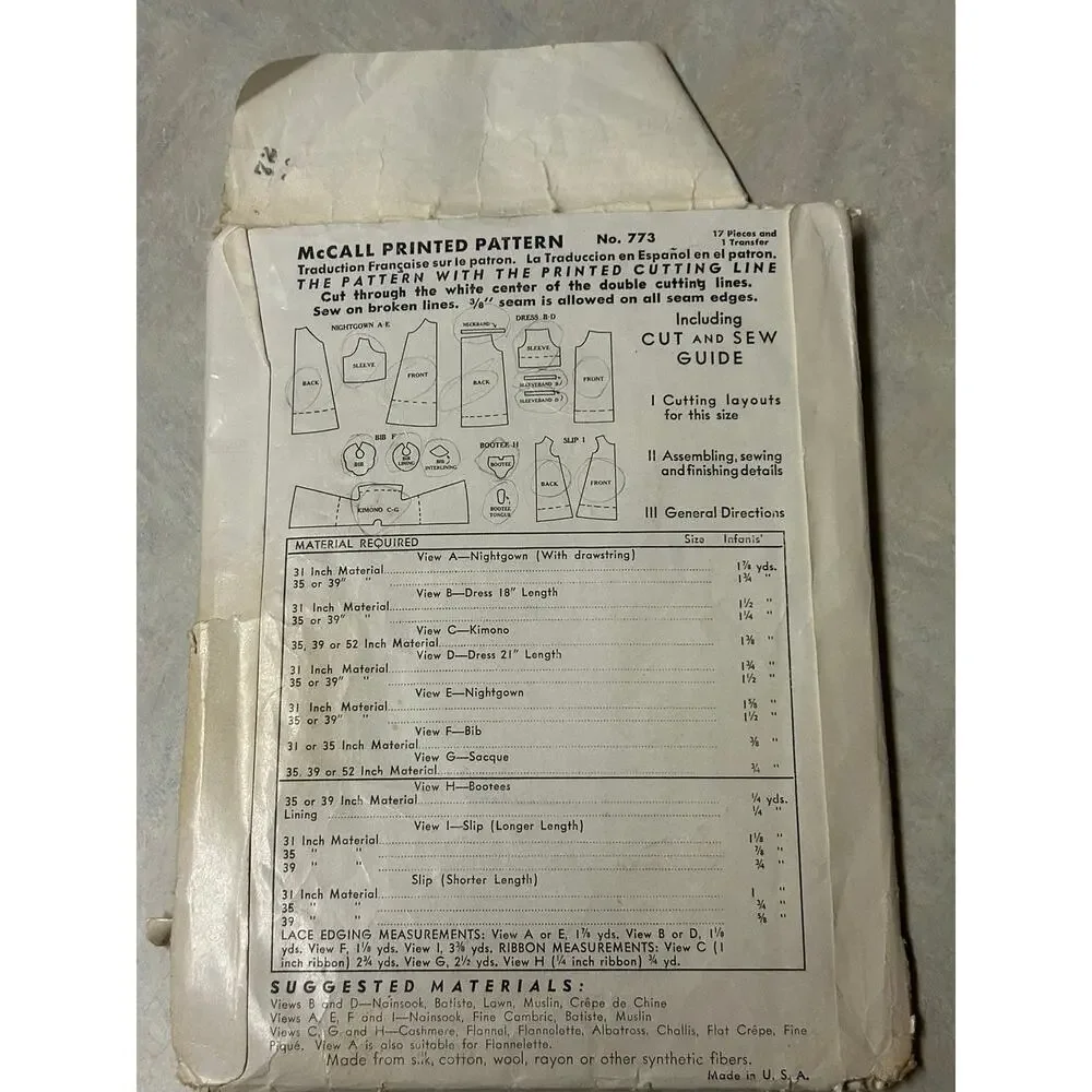 Vintage 1940's McCall Pattern #773 Baby Embroidered Layette‎ One Size
